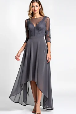 Linha-A Cinzento Aço Chiffon Assimétrico Vestido Mae Noiva