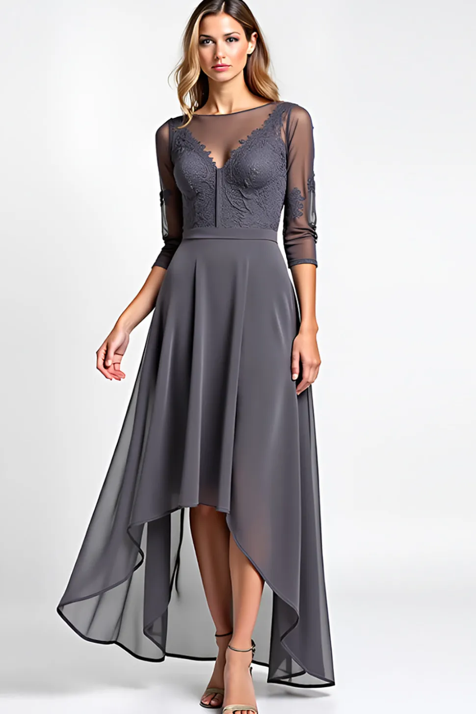 Linha-A Cinzento Aço Chiffon Assimétrico Vestido Mae Noiva