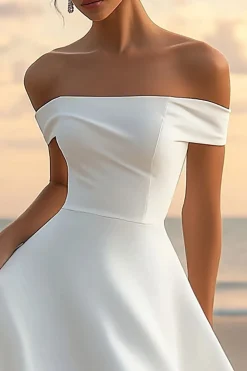 Linha-A Fora do Ombro Cetim Curto Vestidinho Branco
