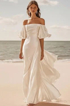 Linha-A Marfim Fora do Ombro Cetim Longos Vestidos de Noiva