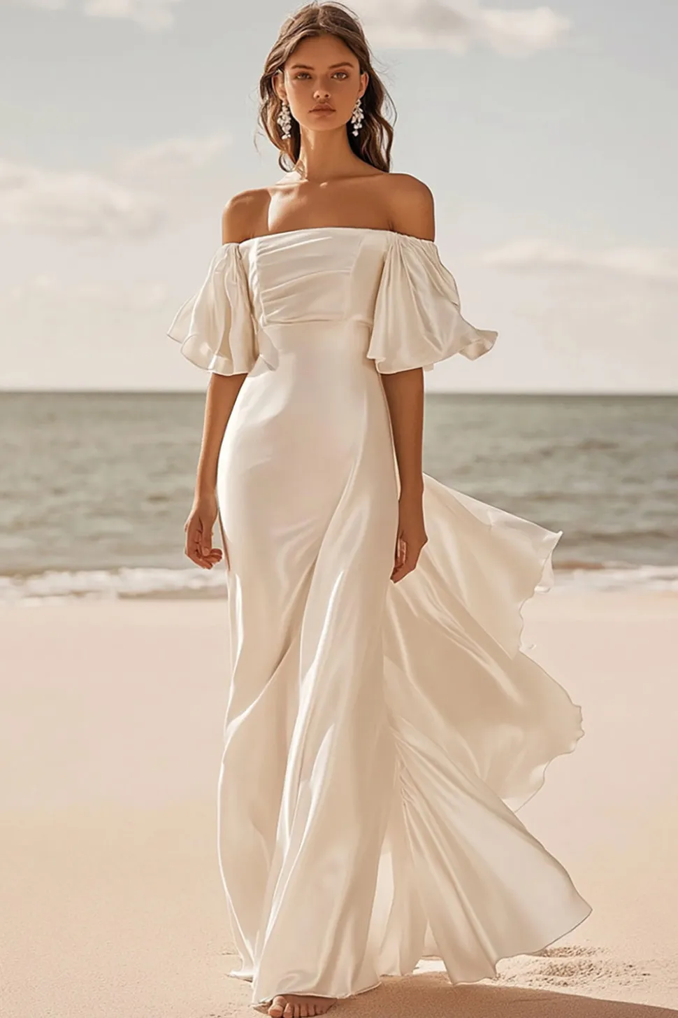 Linha-A Marfim Fora do Ombro Cetim Longos Vestidos de Noiva