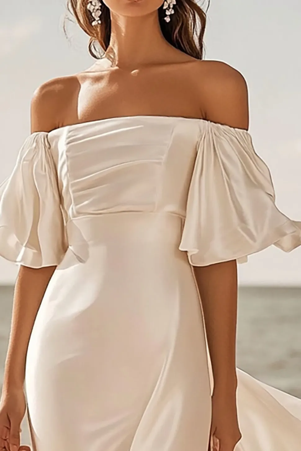 Linha-A Marfim Fora do Ombro Cetim Longos Vestidos de Noiva