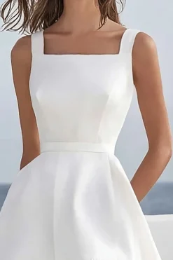 Linha-A Pescoço Quadrado Assimétrico Vestidinho Branco