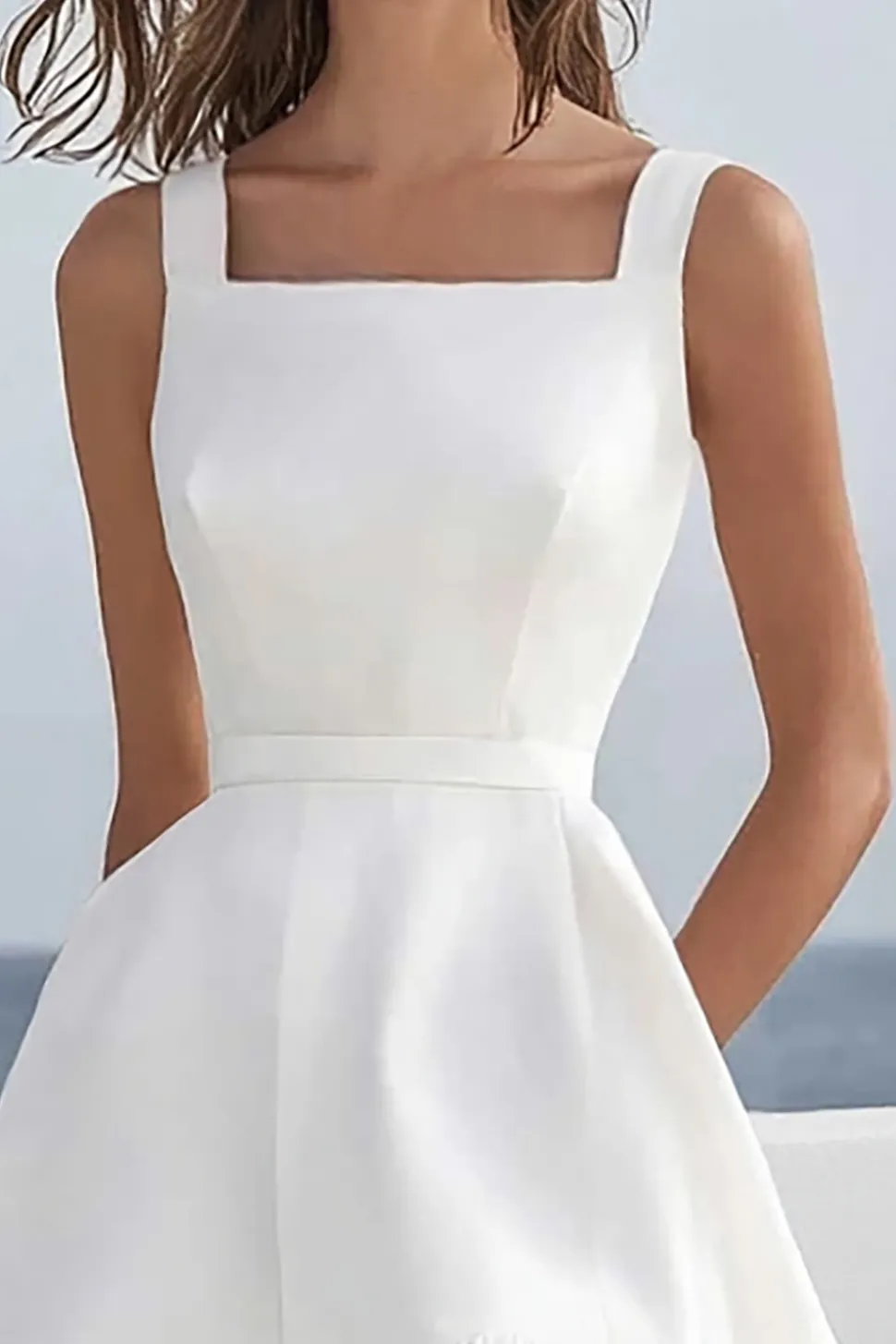 Linha-A Pescoço Quadrado Assimétrico Vestidinho Branco