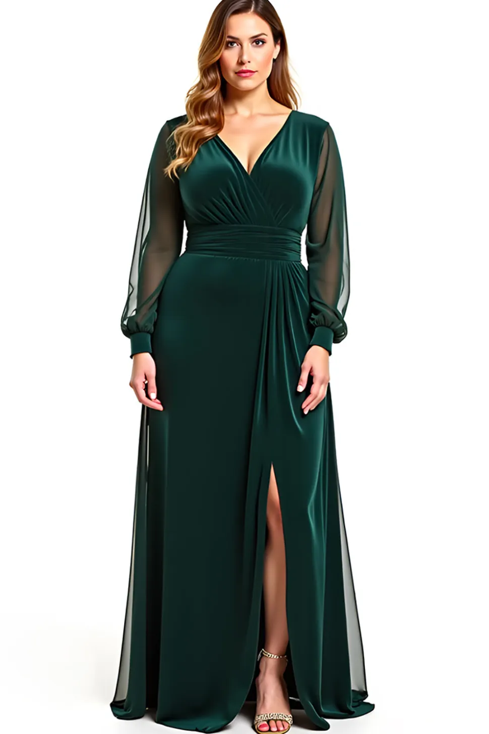 Linha-A Pinheiro Decote em V Longo Vestido Mae Noiva com Fenda