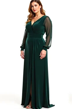 Linha-A Pinheiro Decote em V Longo Vestido Mae Noiva com Fenda