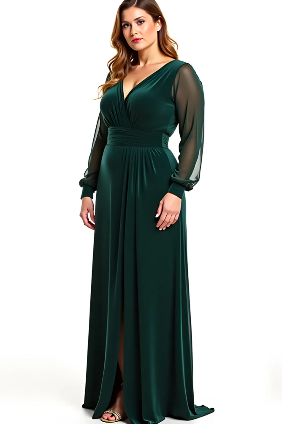 Linha-A Pinheiro Decote em V Longo Vestido Mae Noiva com Fenda