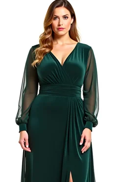 Linha-A Pinheiro Decote em V Longo Vestido Mae Noiva com Fenda