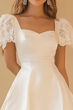 Linha-A Renda Mangas Curtas Curto Vestidinho Branco