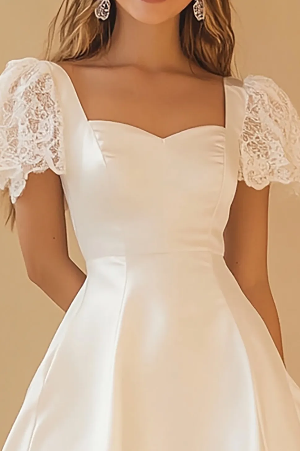 Linha-A Renda Mangas Curtas Curto Vestidinho Branco