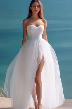 Linha-A Sem Alças Tule Longo Vestidinho Branco com Fenda