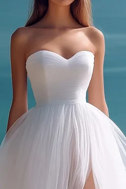Linha-A Sem Alças Tule Longo Vestidinho Branco com Fenda