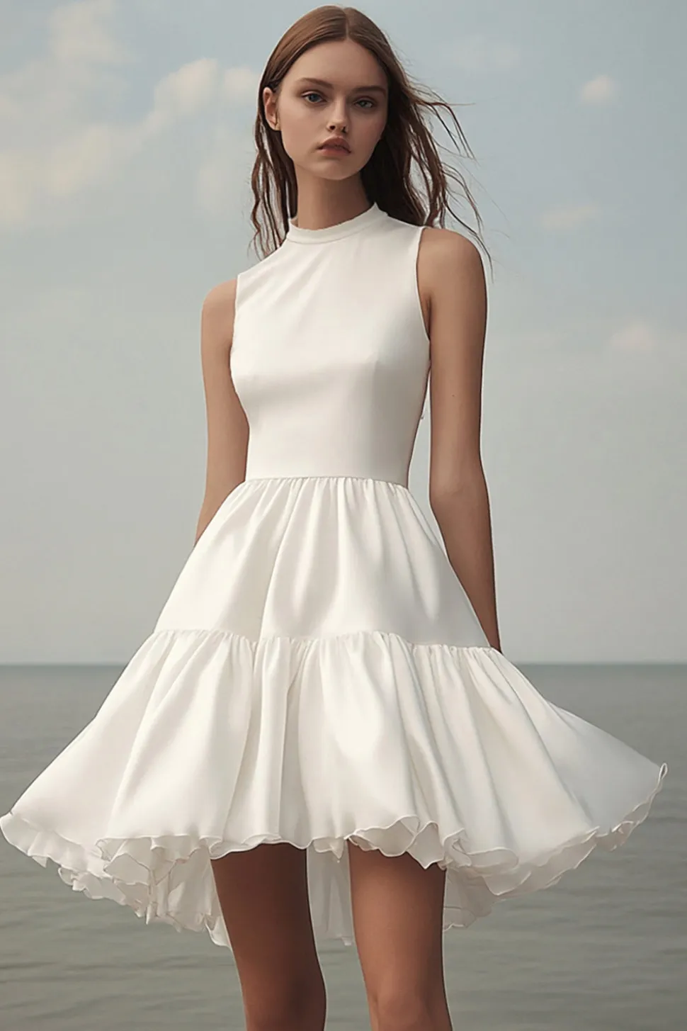 Linha-A Sem Mangas Babados Curto Vestidinho Branco