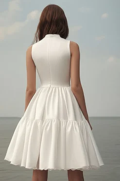 Linha-A Sem Mangas Babados Curto Vestidinho Branco