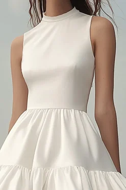 Linha-A Sem Mangas Babados Curto Vestidinho Branco