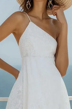 Linha-A Um Ombro Renda Assimétrico Vestidinho Branco
