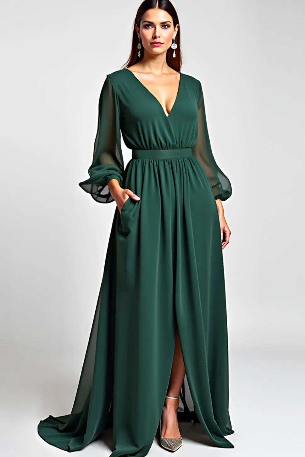 Linha-A Verde Escuro Decote em V Longo Vestido Mae Noiva com Fenda