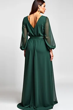 Linha-A Verde Escuro Decote em V Longo Vestido Mae Noiva com Fenda