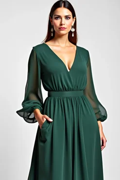 Linha-A Verde Escuro Decote em V Longo Vestido Mae Noiva com Fenda