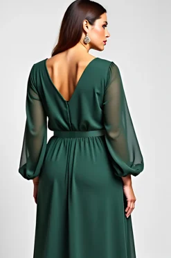 Linha-A Verde Escuro Decote em V Longo Vestido Mae Noiva com Fenda