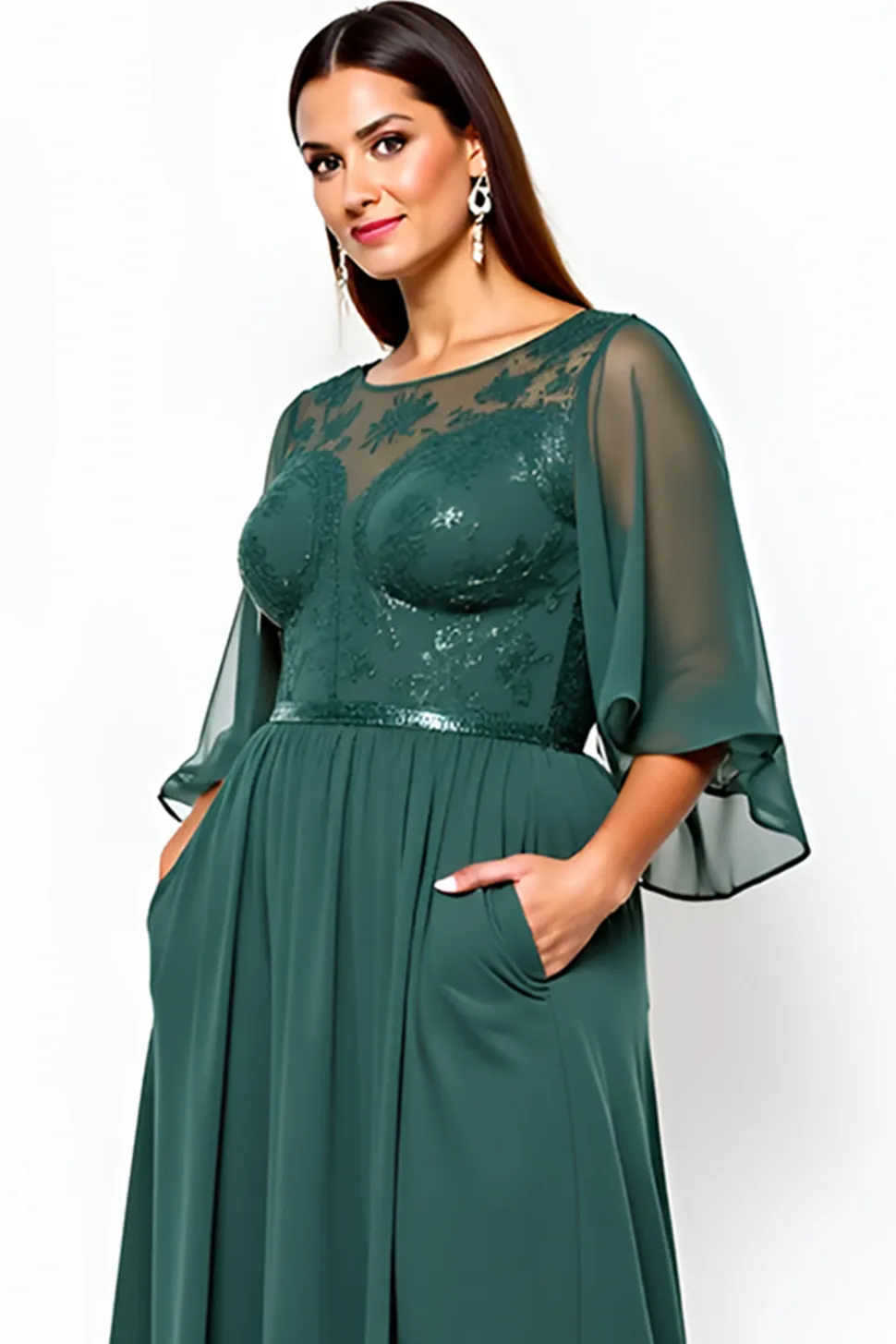 Linha-A Verde Escuro Pescoço Chiffon Longo Vestido Mae Noiva