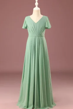 Long Matcha A-line Chiffon V-neck mangas curtas vestido de dama de honra júnior