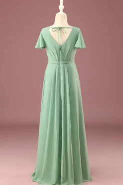 Long Matcha A-line Chiffon V-neck mangas curtas vestido de dama de honra júnior