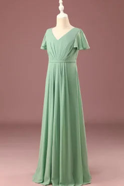 Long Matcha A-line Chiffon V-neck mangas curtas vestido de dama de honra júnior