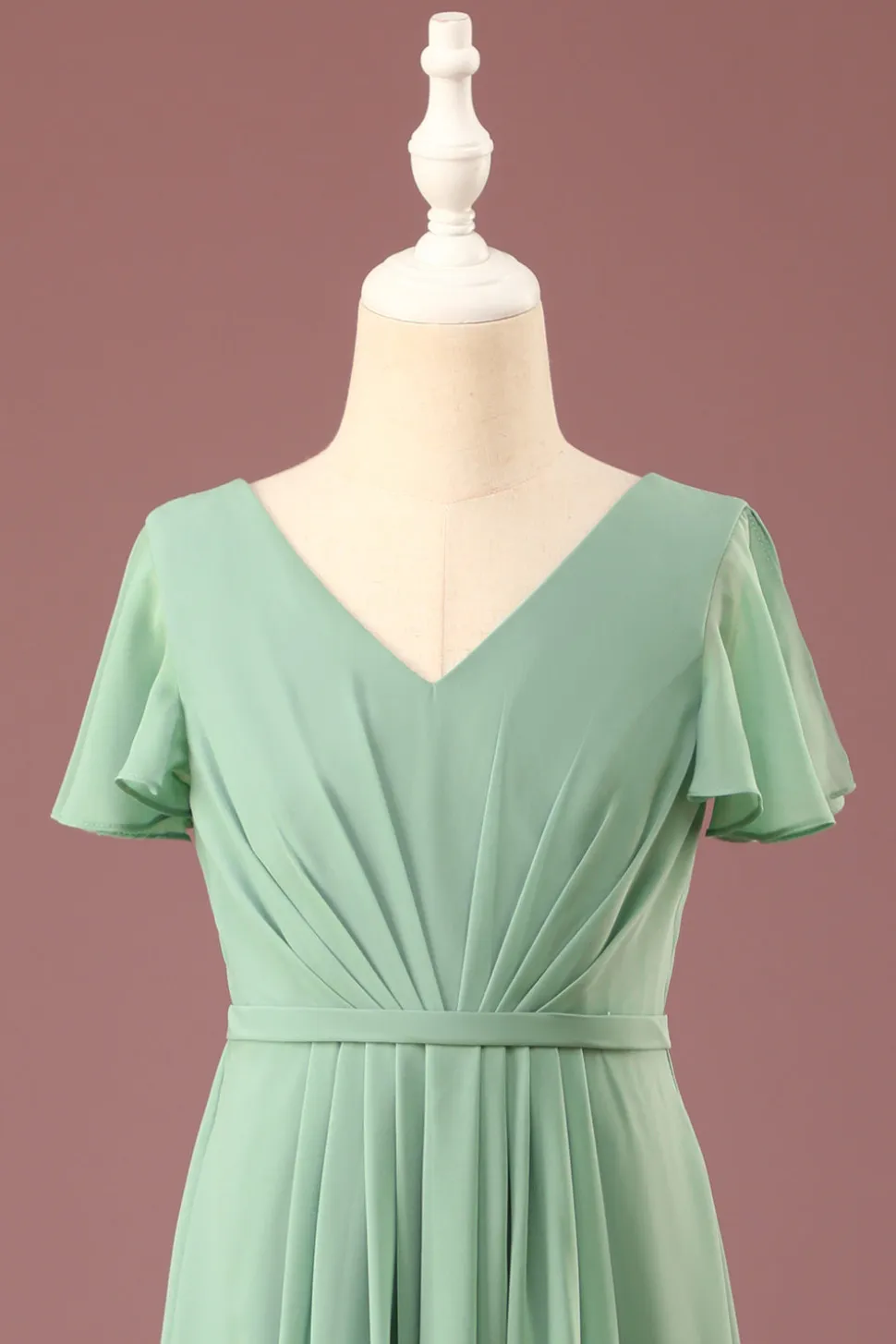 Long Matcha A-line Chiffon V-neck mangas curtas vestido de dama de honra júnior