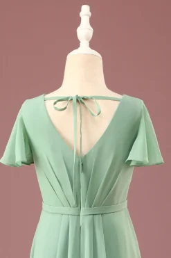 Long Matcha A-line Chiffon V-neck mangas curtas vestido de dama de honra júnior