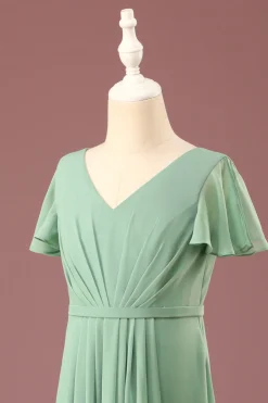 Long Matcha A-line Chiffon V-neck mangas curtas vestido de dama de honra júnior