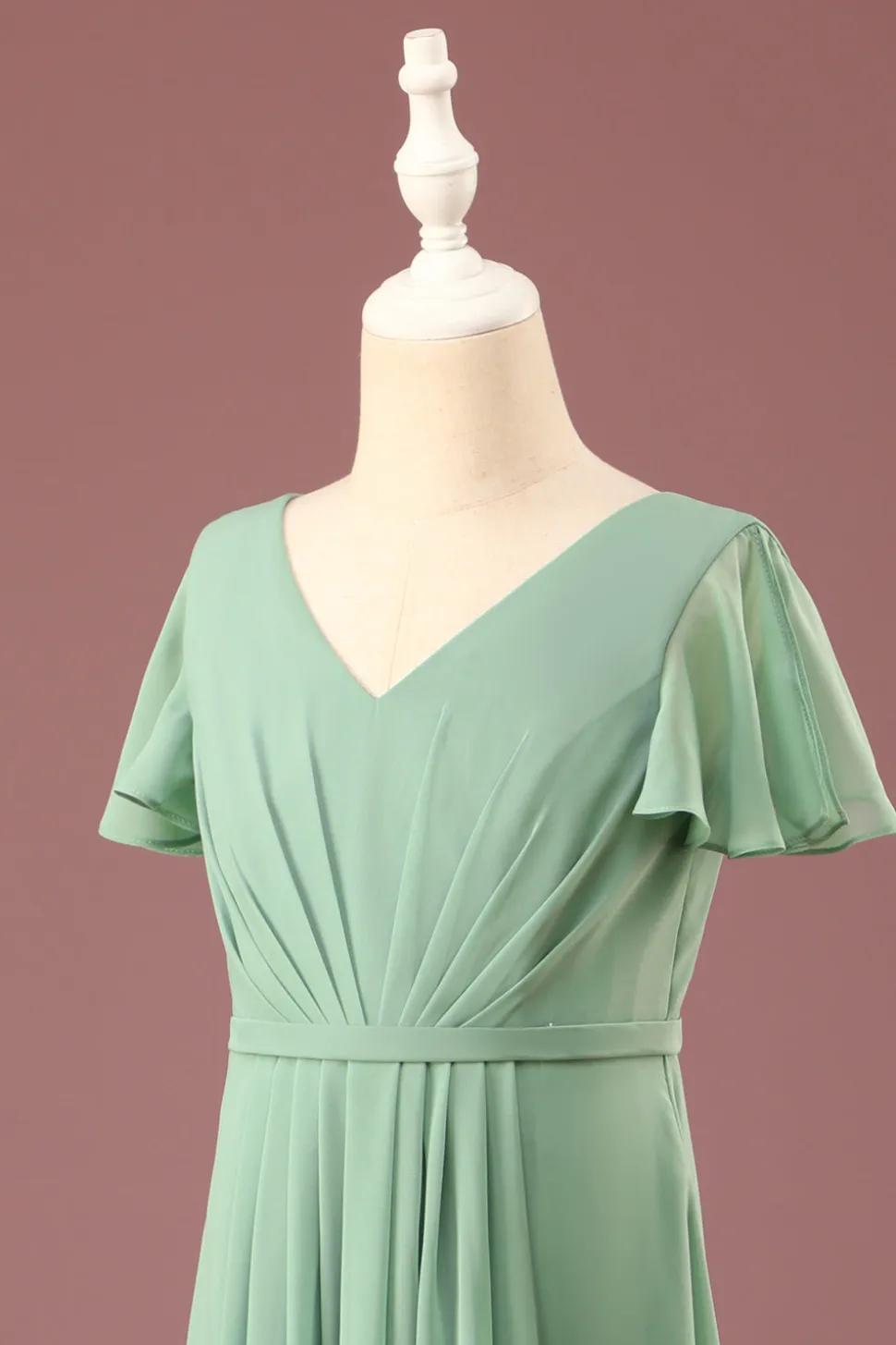 Long Matcha A-line Chiffon V-neck mangas curtas vestido de dama de honra júnior