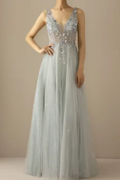 Longa Uma Linha De Tule Cinzento Vestido Azul