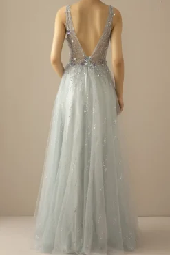 Longa Uma Linha De Tule Cinzento Vestido Azul