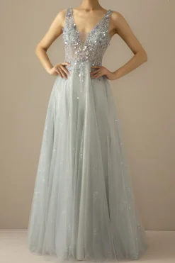 Longa Uma Linha De Tule Cinzento Vestido Azul
