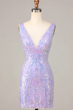 Lost In Your Eyes Bodycon V-Neck Lilás Sequins Vestido Curto Homecoming