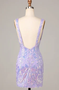 Lost In Your Eyes Bodycon V-Neck Lilás Sequins Vestido Curto Homecoming