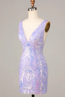 Lost In Your Eyes Bodycon V-Neck Lilás Sequins Vestido Curto Homecoming