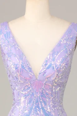 Lost In Your Eyes Bodycon V-Neck Lilás Sequins Vestido Curto Homecoming