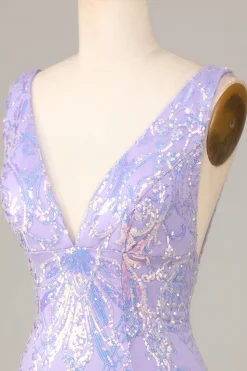 Lost In Your Eyes Bodycon V-Neck Lilás Sequins Vestido Curto Homecoming