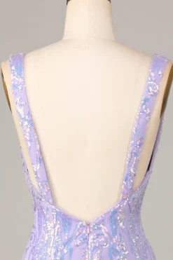 Lost In Your Eyes Bodycon V-Neck Lilás Sequins Vestido Curto Homecoming