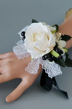 Luxo Preto Branco Homecoming Corsage Pulso e Conjunto Boutonniere Masculino