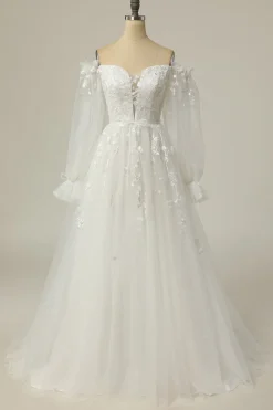 Luxuosa uma linha fora do ombro vestido de casamento branco com apliques