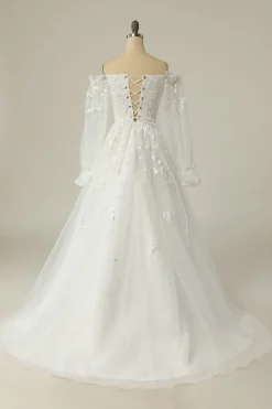 Luxuosa uma linha fora do ombro vestido de casamento branco com apliques