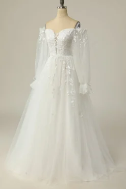 Luxuosa uma linha fora do ombro vestido de casamento branco com apliques