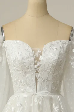 Luxuosa uma linha fora do ombro vestido de casamento branco com apliques
