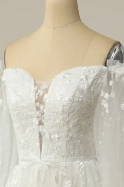 Luxuosa uma linha fora do ombro vestido de casamento branco com apliques