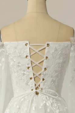 Luxuosa uma linha fora do ombro vestido de casamento branco com apliques