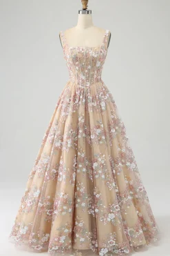 Luxuoso A Line Square Neck Champagne Corset Prom Dress com Appliques