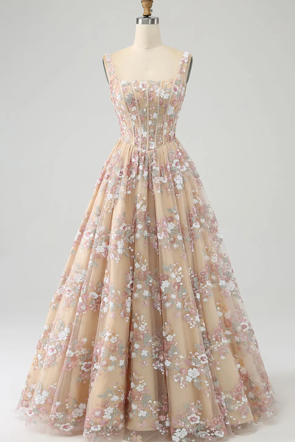 Luxuoso A Line Square Neck Champagne Corset Prom Dress com Appliques